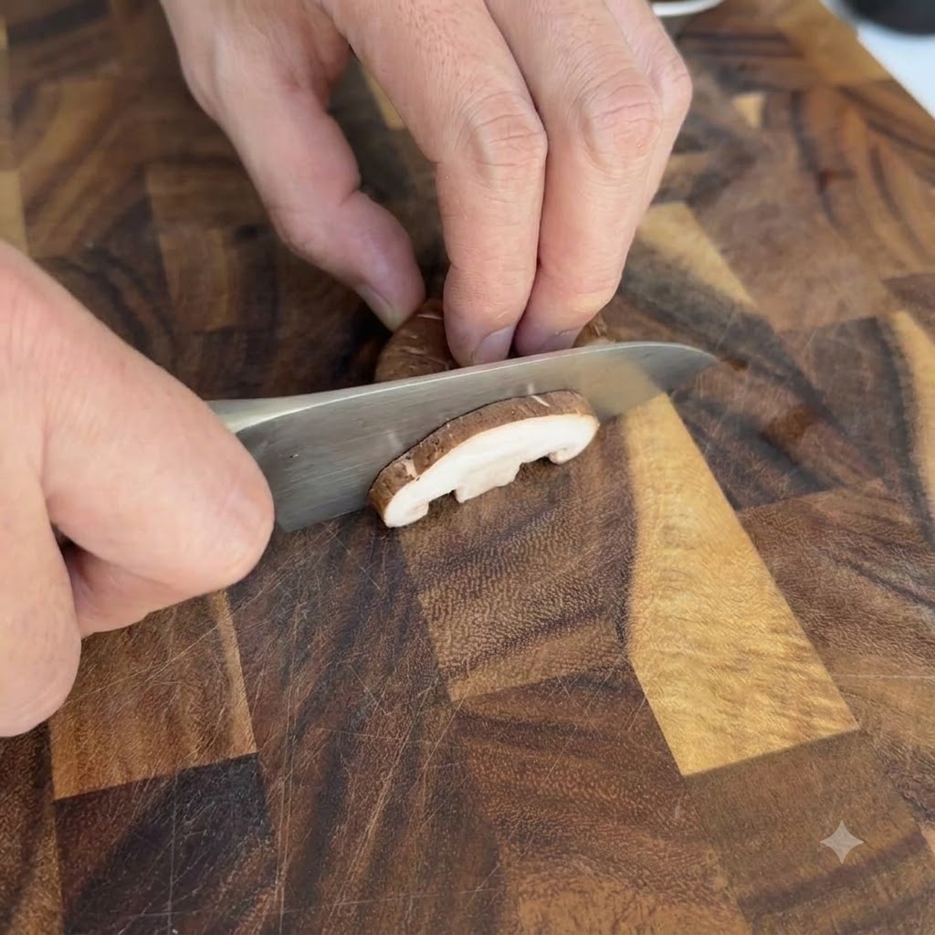 Des champignons shiitake coupés en tranches épaisses sur une planche à découper en bois.