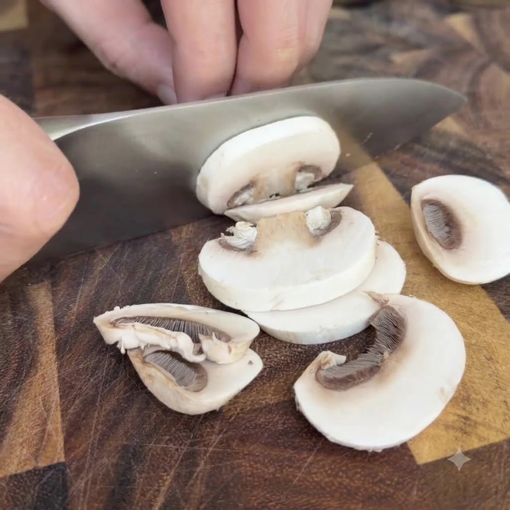 Des champignons de Paris blancs coupés en morceaux épais sur une planche en bois.