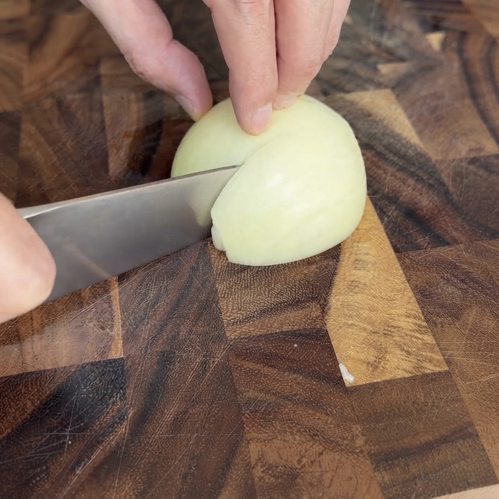 La moitié dun oignon blanc finement émincée sur une planche à découper en bois.
