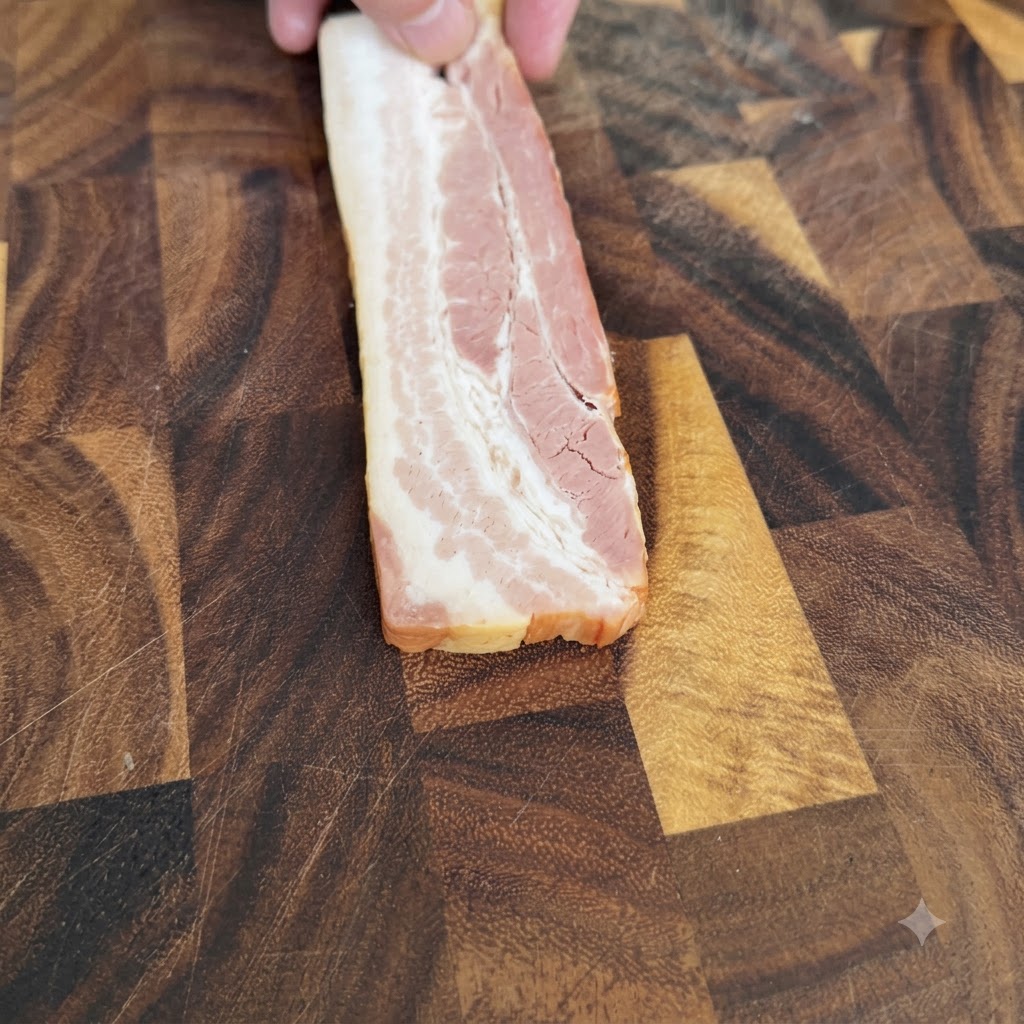 Une tranche de bacon coupée en petits morceaux sur une planche à découper en bois.