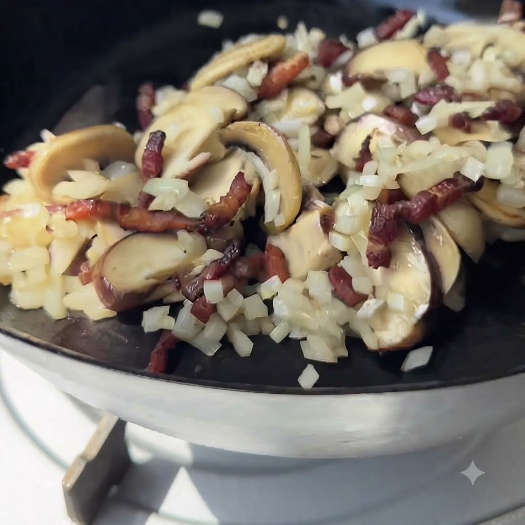 Gros plan sur du vin blanc versé sur un mélange de champignons, doignons et de bacon dans une poêle.