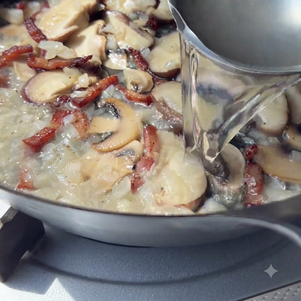 Une louche en métal versant de leau de pâtes amidonnée dans une poêle remplie de champignons tranchés, doignons et de bacon.