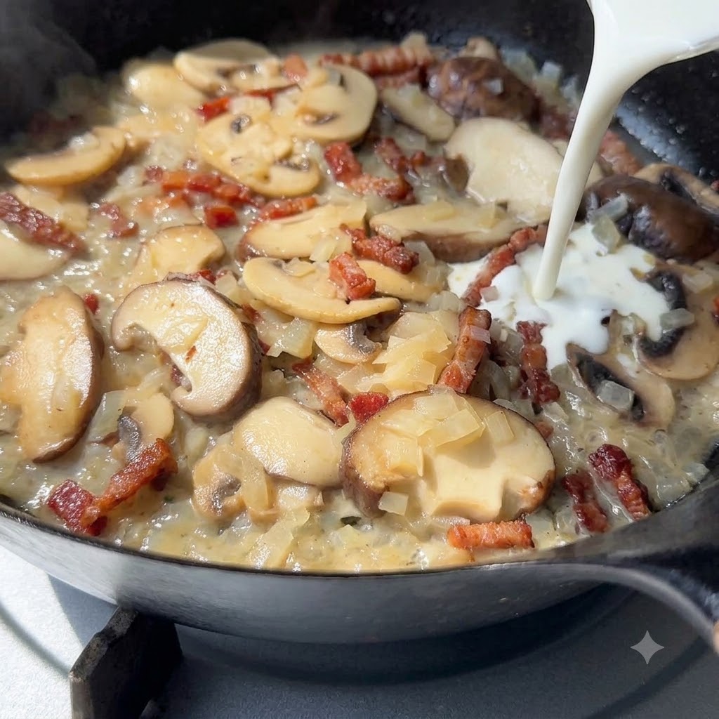 De la crème entière versée dune pichet blanc dans une poêle contenant des champignons tranchés et des oignons.