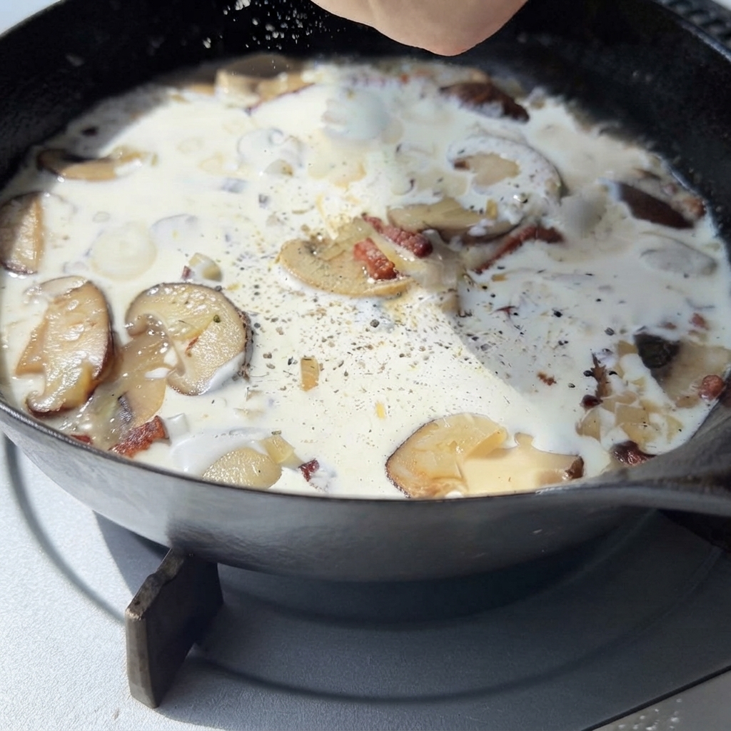 Des flocons de poivre noir saupoudrés dun moulin sur une sauce aux champignons crémeuse dans une poêle.