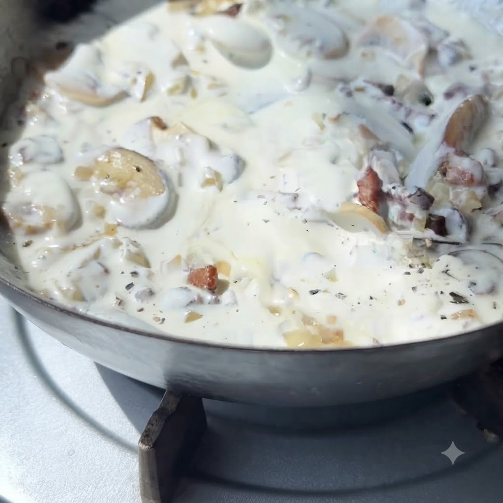 De la crème entière mijotant dans une poêle avec des champignons sautés, des oignons et des morceaux de bacon croustillants.