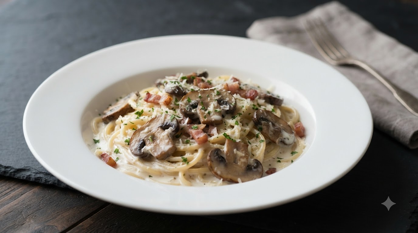 Spaghetti crémeux aux champignons et au bacon