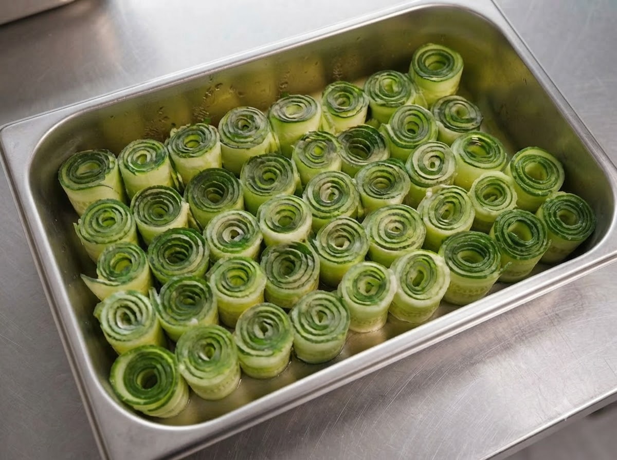 Vue plongeante de nombreux rubans de concombre roulés et rangés soigneusement dans un bac en acier inoxydable.