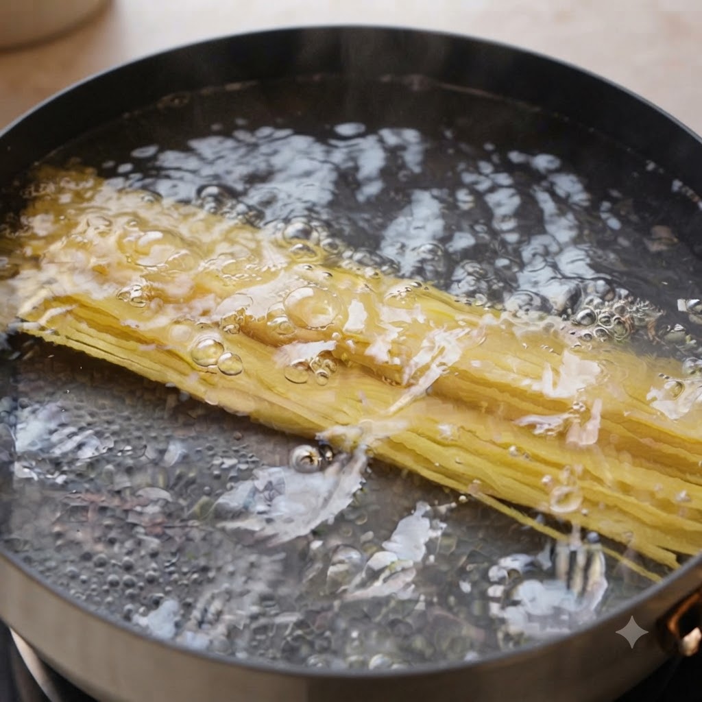 Des spaghettis crus en train de cuire dans une casserole deau bouillante.