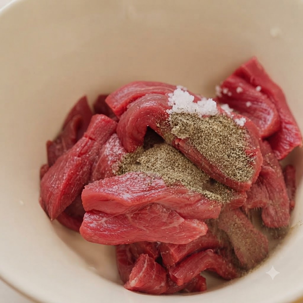 Gros plan sur des lamelles de bœuf crues dans un bol beige, saupoudrées de sel, de sucre et de poivre noir moulu.