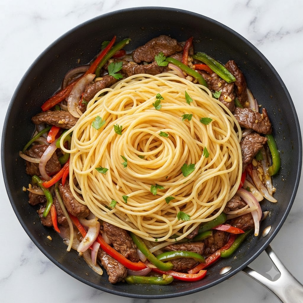 Vue plongeante de spaghettis cuits mélangés au bœuf et aux poivrons dans une grande poêle.