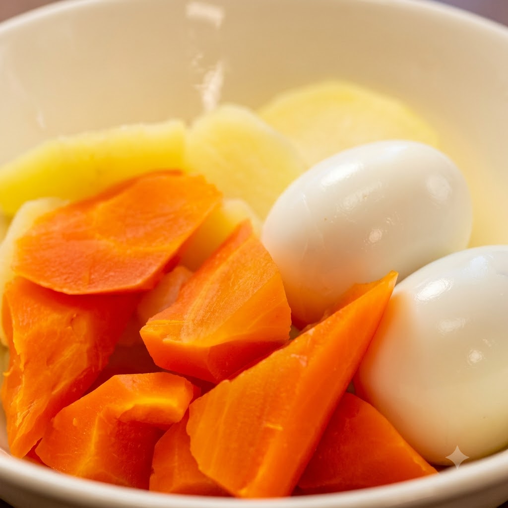 Un bol blanc contenant des morceaux de pommes de terre, de carottes et dœufs écaillés arrosés de sauce pour salade.