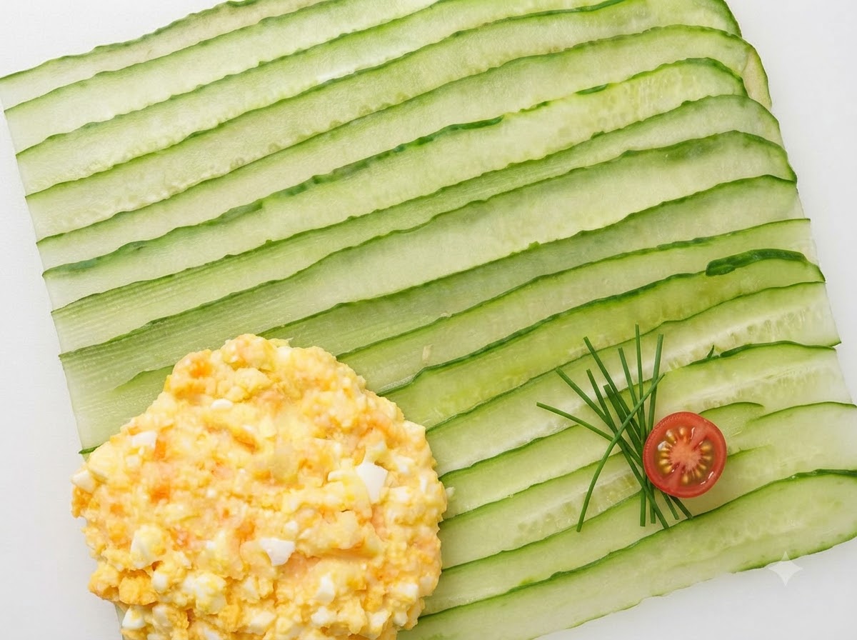 Mélange de salade de pommes de terre et dœufs étalé sur une couche de lanières de concombre vertes.