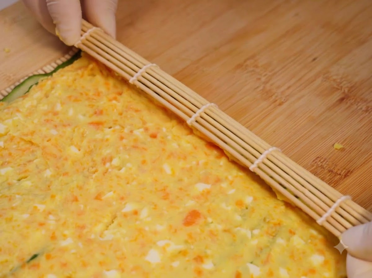 Un tapis de sushi en bambou utilisé pour rouler serré la salade de concombre et de pommes de terre.
