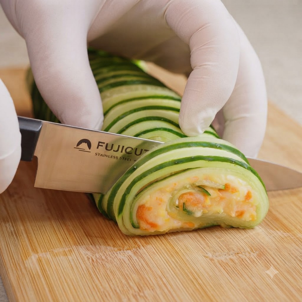 Un couteau bien aiguisé coupant un rouleau de salade de concombre et de pommes de terre sur une planche à découper.