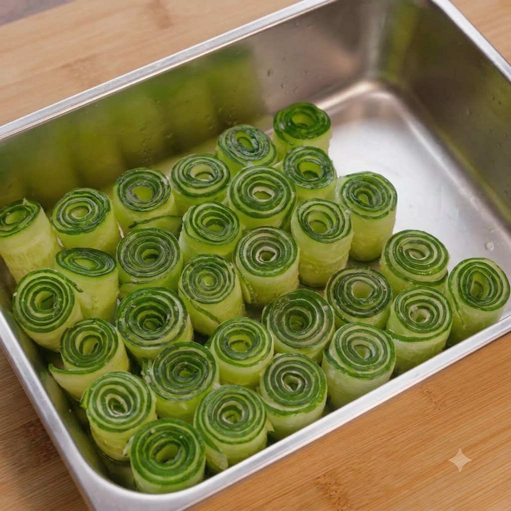 Des rouleaux de concombre réfrigérés placés à lintérieur du bol dun robot culinaire transparent.
