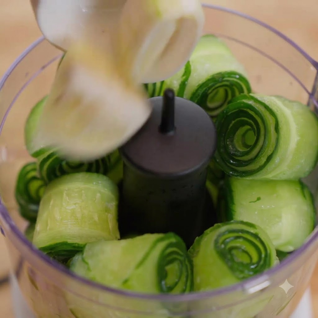 Gros plan sur un robot culinaire mixant des rouleaux de concombre et du citron pour former une purée verte.
