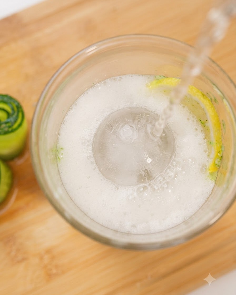 Du Sprite versé sur une sphère de glace, une tranche de citron et de la purée de concombre dans un verre.