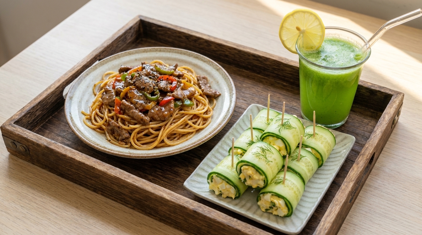 Pâtes au bœuf et poivre noir accompagnées de rouleaux de salade de concombre et dune boisson verte rafraîchissante sur un plateau en bois.