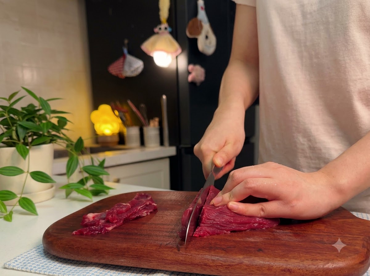 Un filet de bœuf en train dêtre coupé en fines lanières sur une planche à découper en bois.