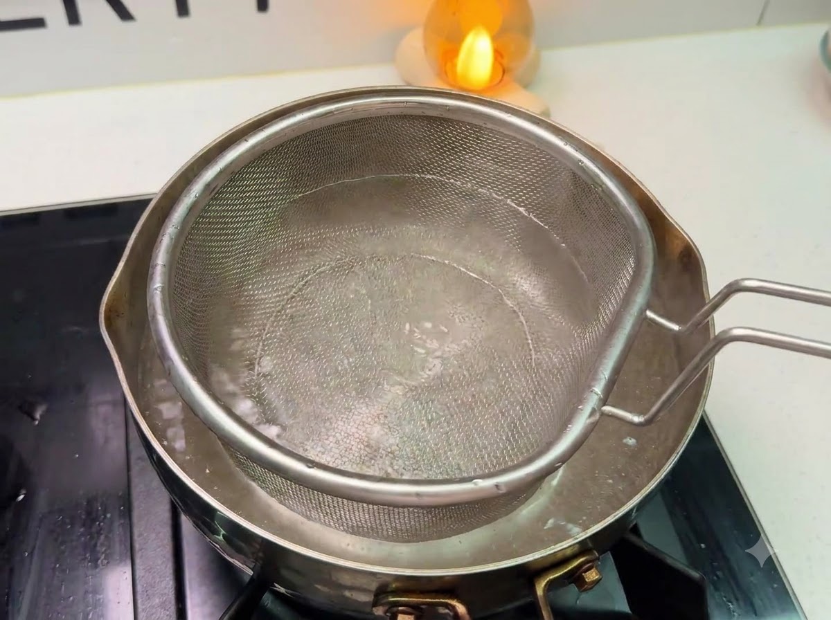 Une passoire placée à lintérieur dune casserole deau bouillante prête pour la cuisson des pâtes.
