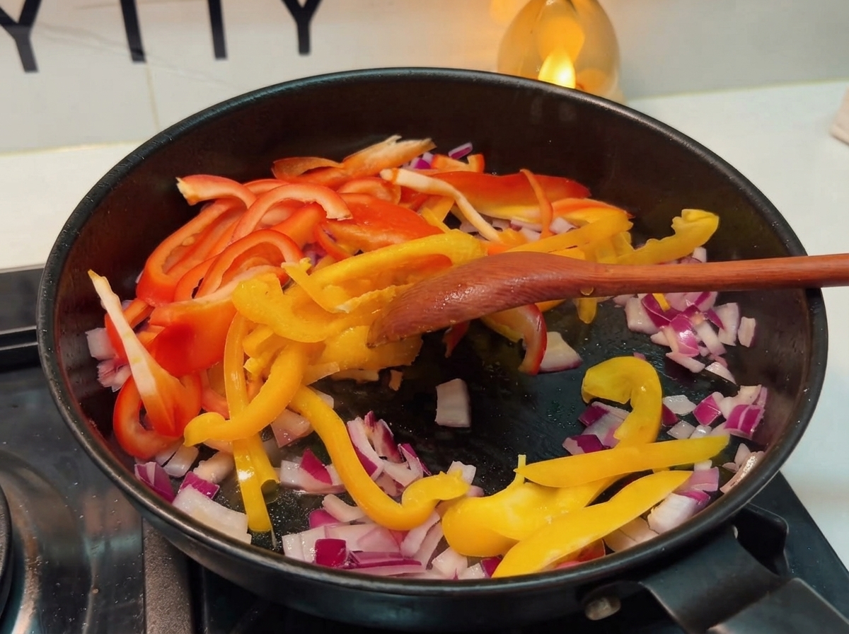 Des oignons rouges et des poivrons colorés en train dêtre sautés dans une poêle noire avec une cuillère en bois.