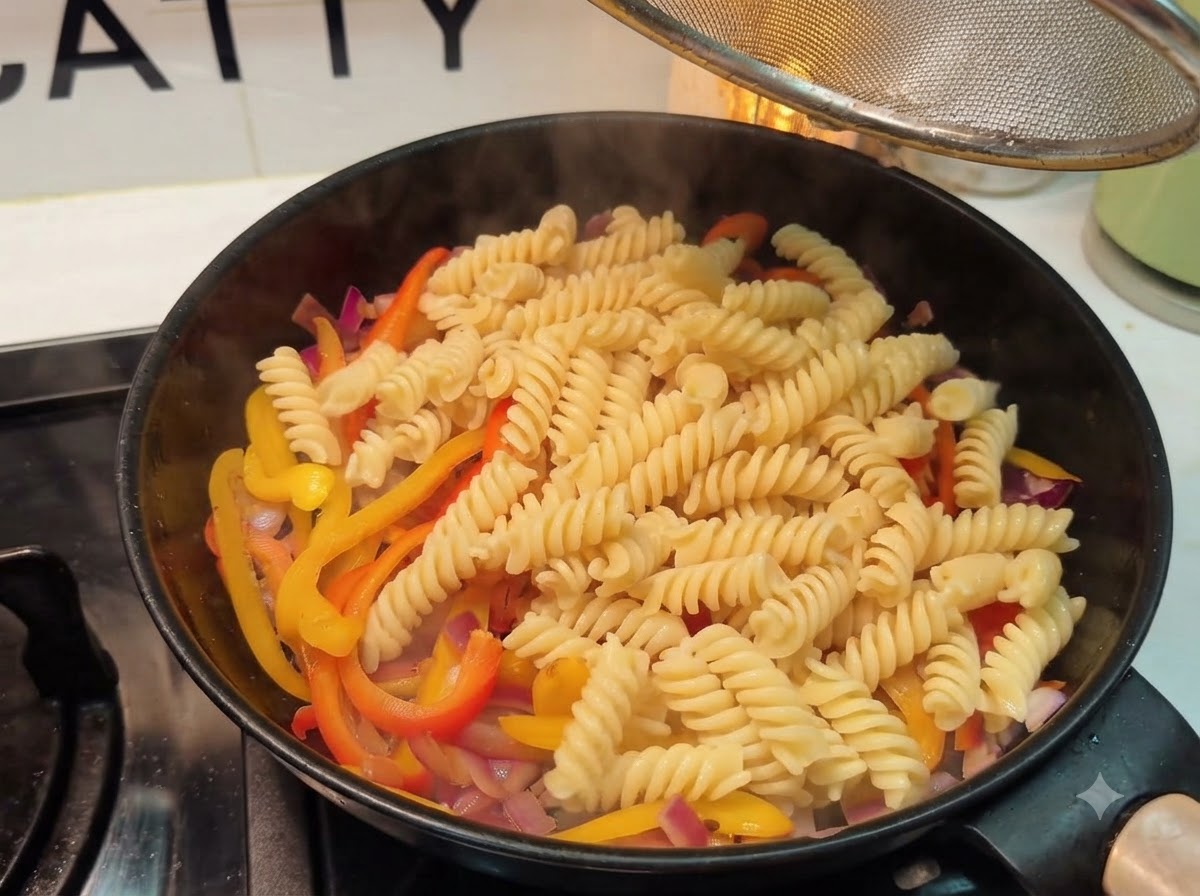 Des pâtes fusilli en spirale versées dans la poêle par-dessus le mélange de légumes cuits.