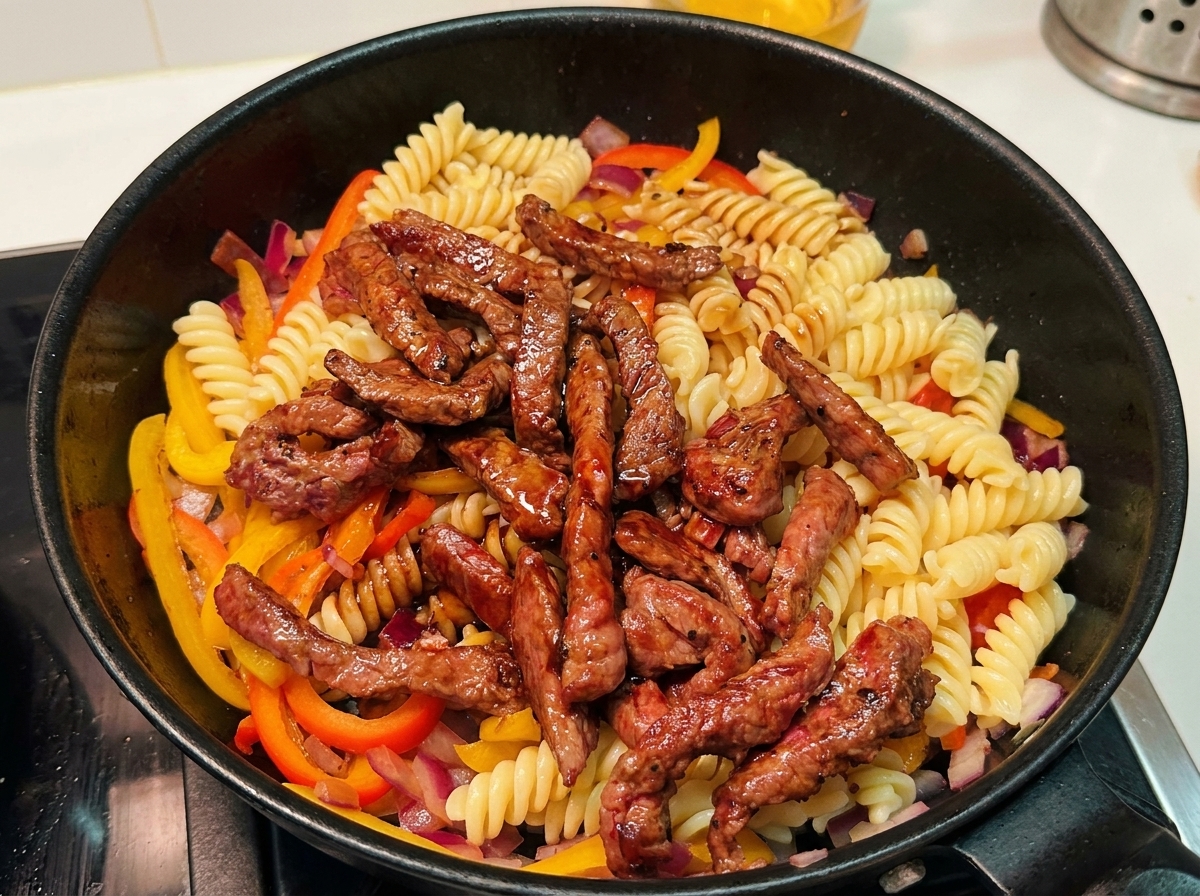 Une sauce riche et brune versée dans une poêle remplie de pâtes en spirale cuites, de bœuf tranché et de poivrons colorés.