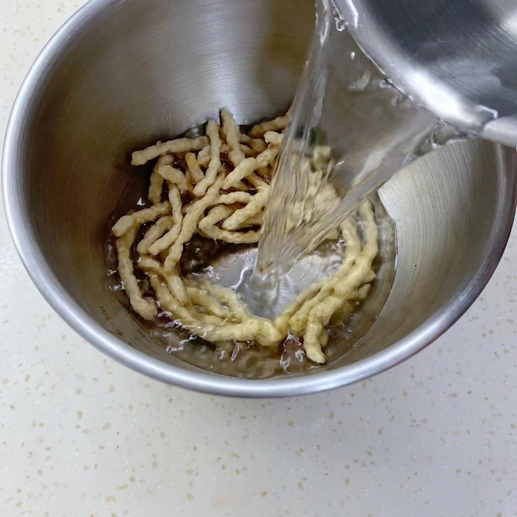 De leau versée dune pichet en métal dans un bol en inox contenant des éminoncés de protéines végétales déshydratées.