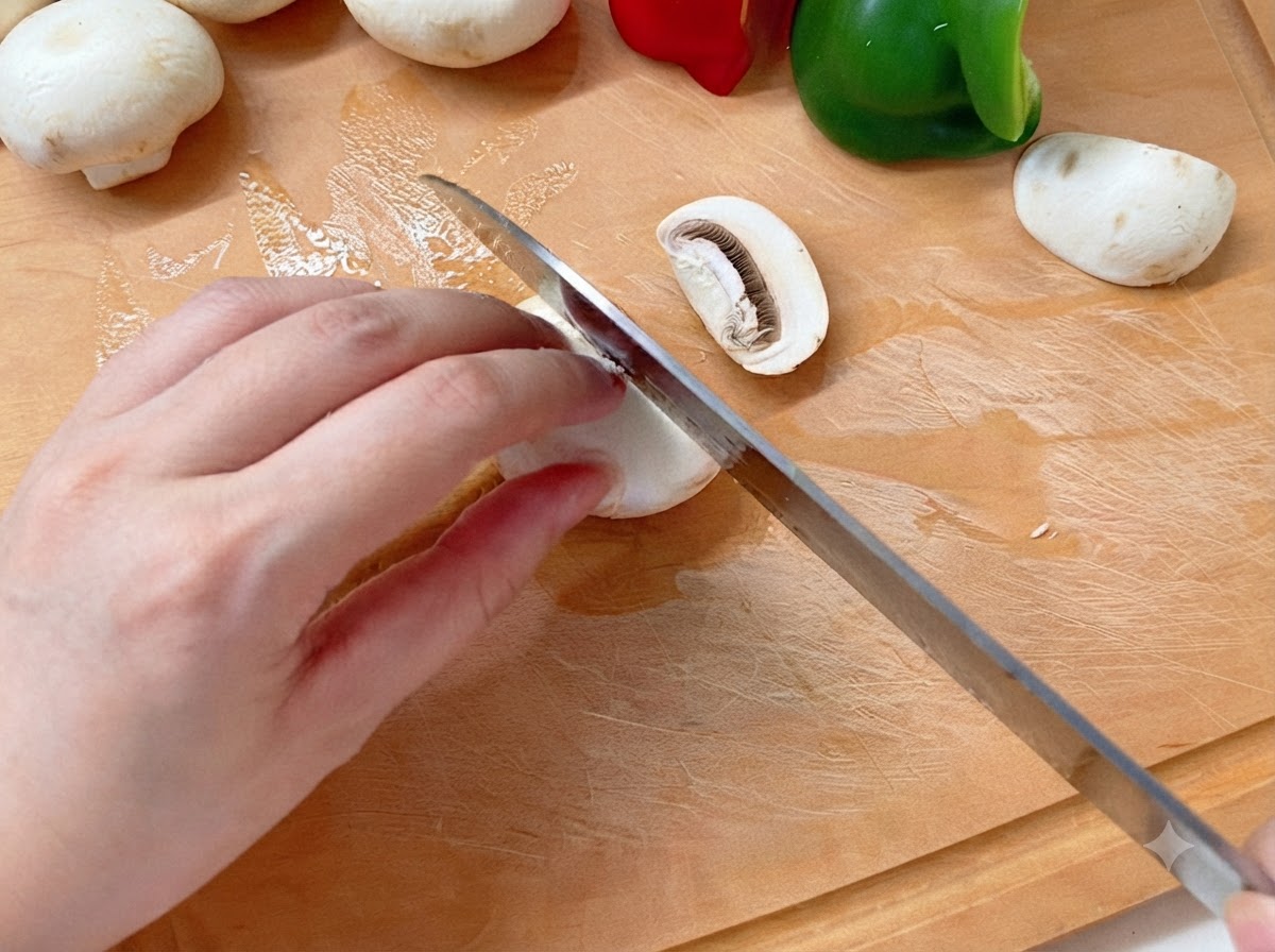 Une main tenant un couteau pour trancher un champignon de Paris sur une planche à découper en bois à côté de poivrons.