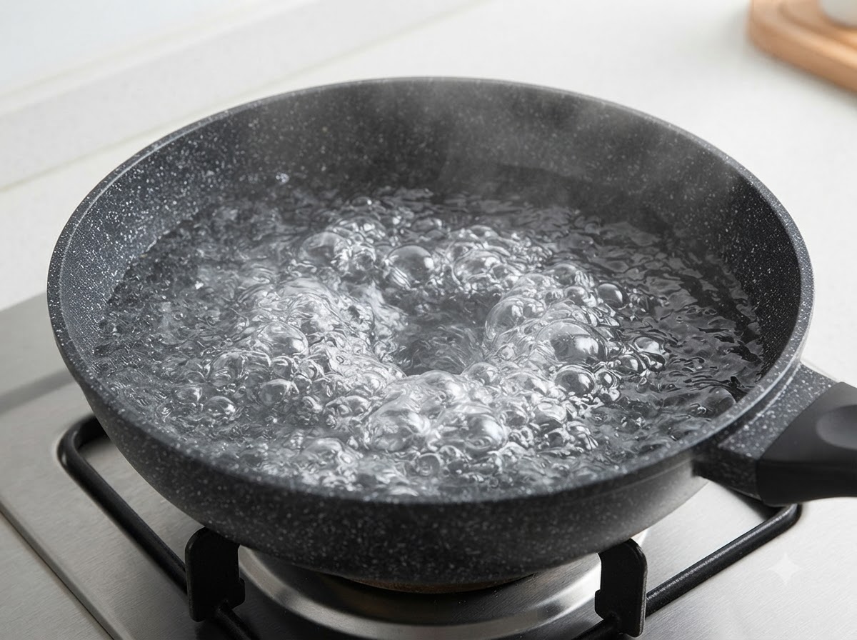 Une casserole deau en pleine ébullition avec de grosses bulles sur un feu de cuisine.