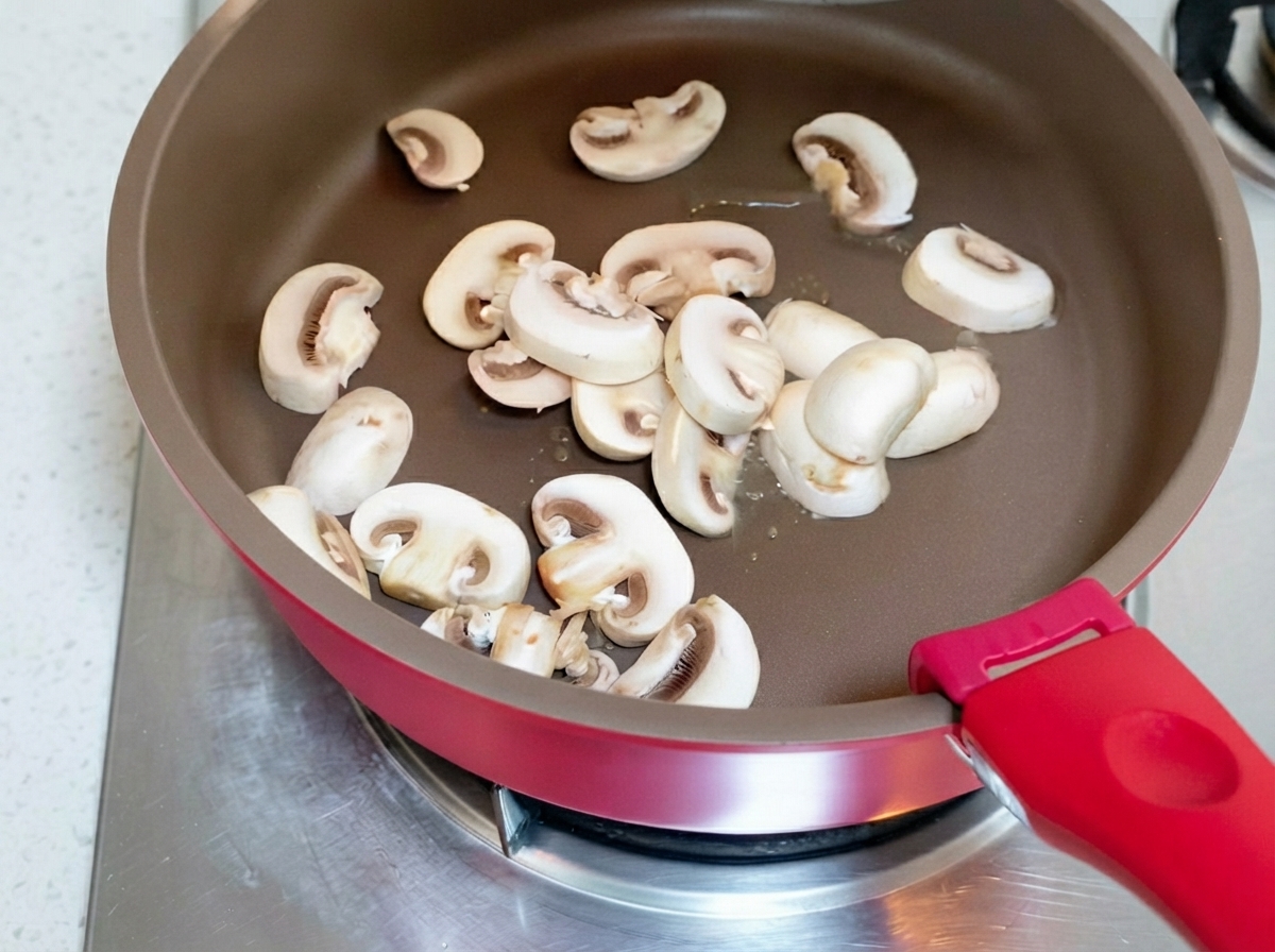 Tranches de champignons de Paris en train de grésiller dans une poêle brune sur une plaque de cuisson.