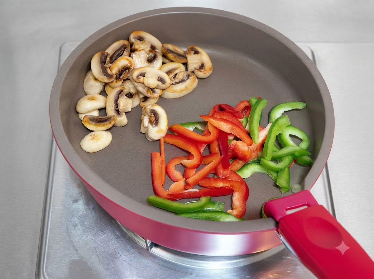 Lanières de poivrons rouges et verts cuisant aux côtés de champignons de Paris dans une poêle.