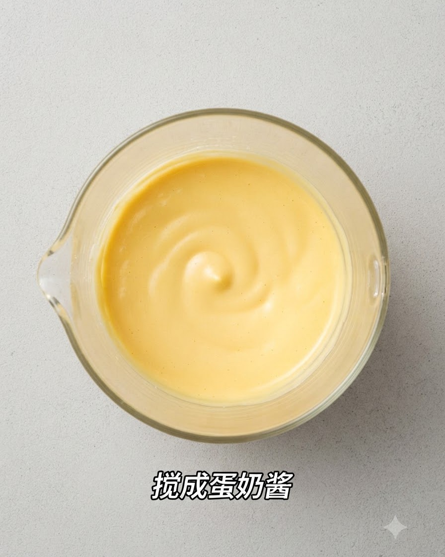 Une sauce onctueuse au fromage et à lœuf jaune dor, vue de dessus dans un récipient en verre.