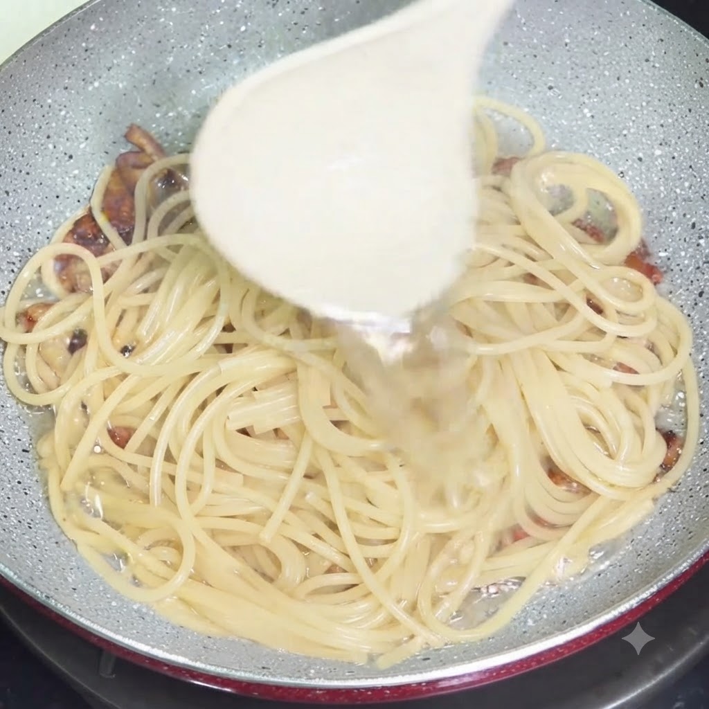 Une louche blanche versant de leau de cuisson riche en amidon dans une poêle remplie de spaghettis et de guanciale.
