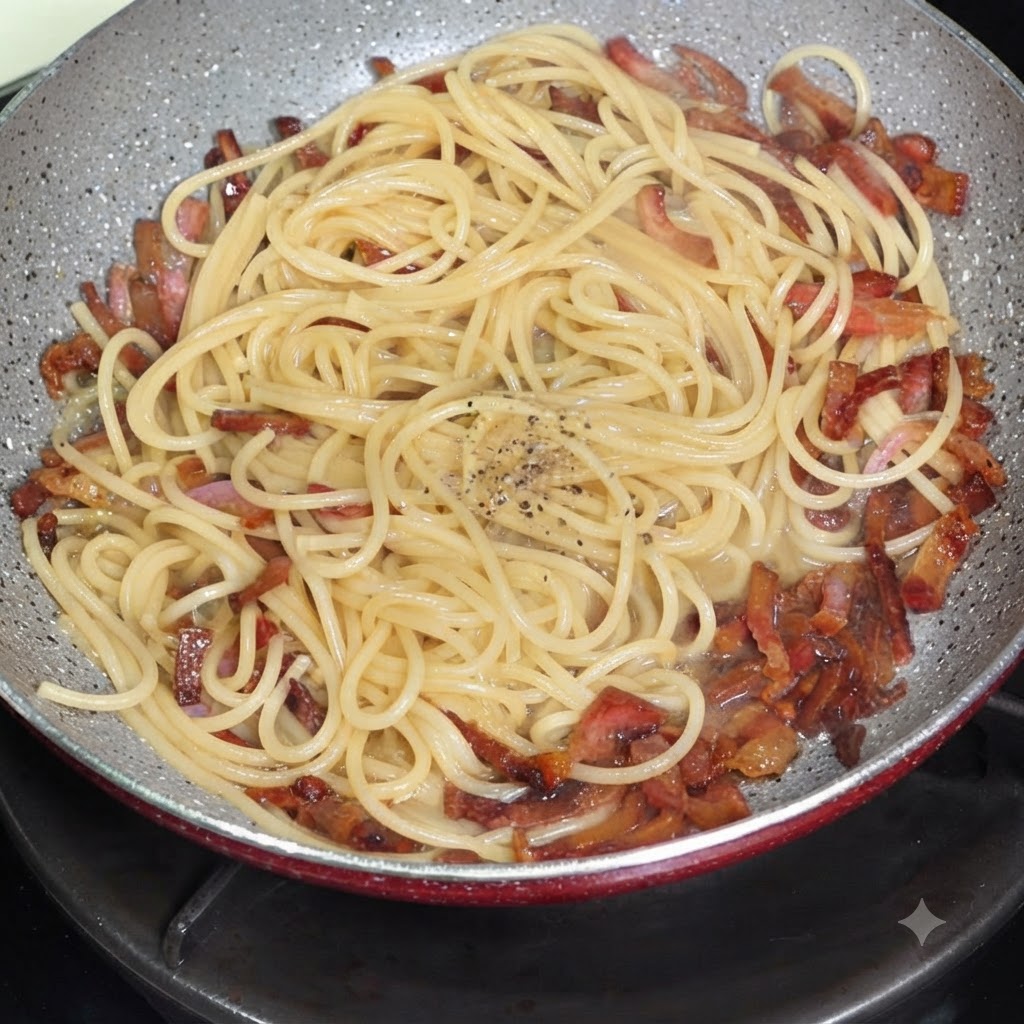 Du poivre noir et une sauce jaune à base de fromage et dœuf sur des spaghettis dans une poêle.