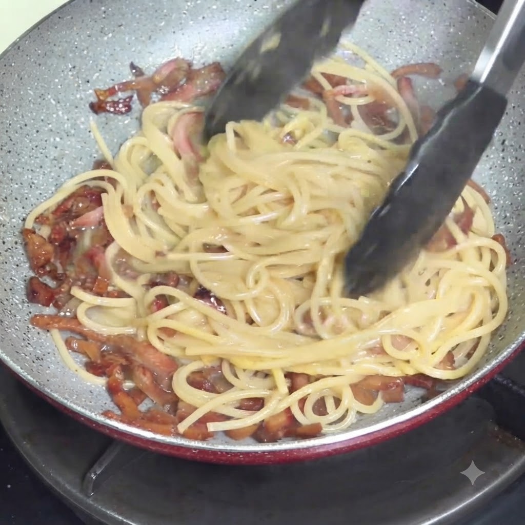Une pince mélangeant les spaghettis et la sauce dans une poêle hors du feu pour obtenir une texture crémeuse.
