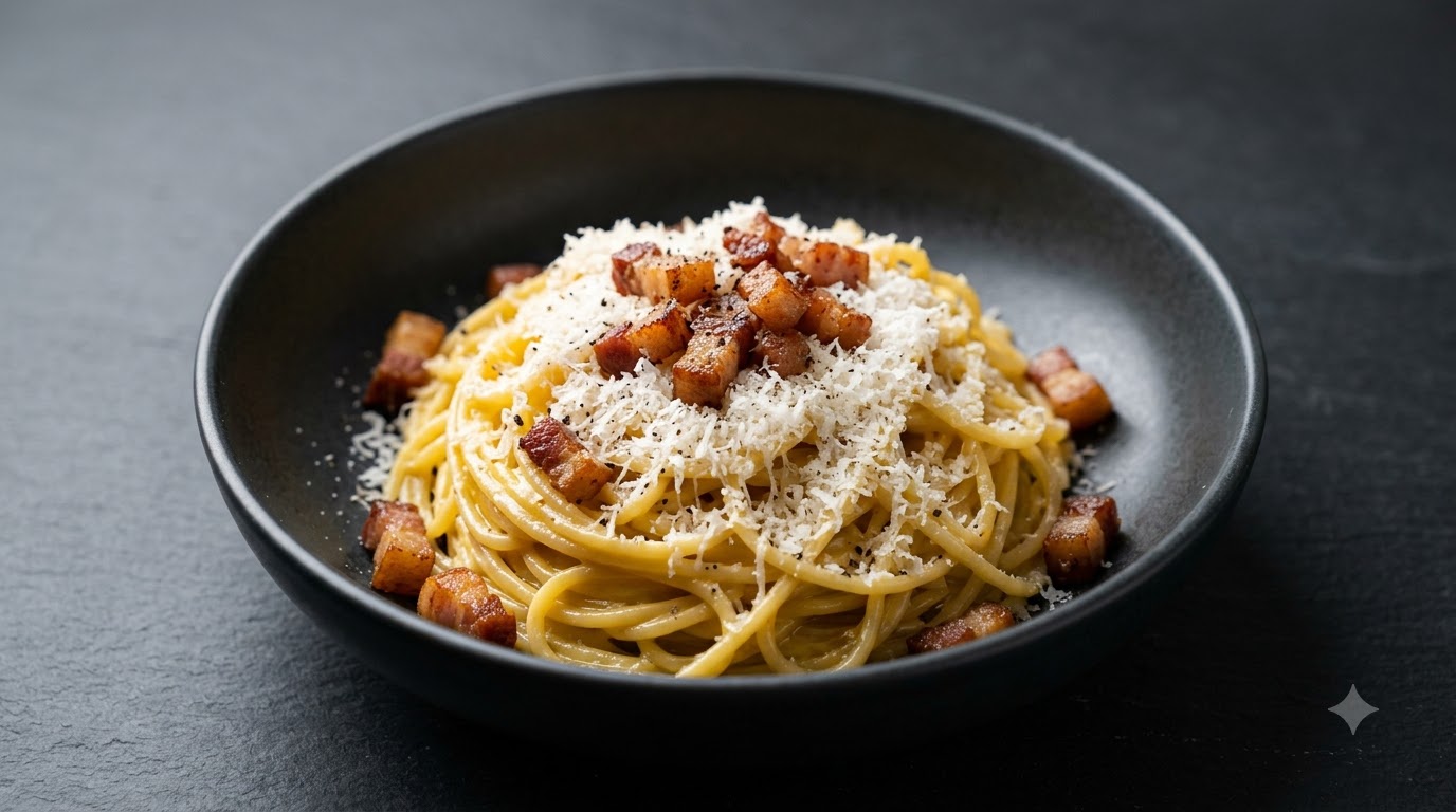 Un bol de pâtes carbonara traditionnelles garni de morceaux de guanciale croustillants et de fromage fraîchement râpé.