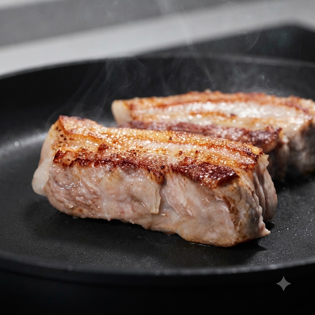 Morceaux de poitrine de porc épaisse frisant dans une poêle, affichant une croûte dorée et croustillante avec de la vapeur.