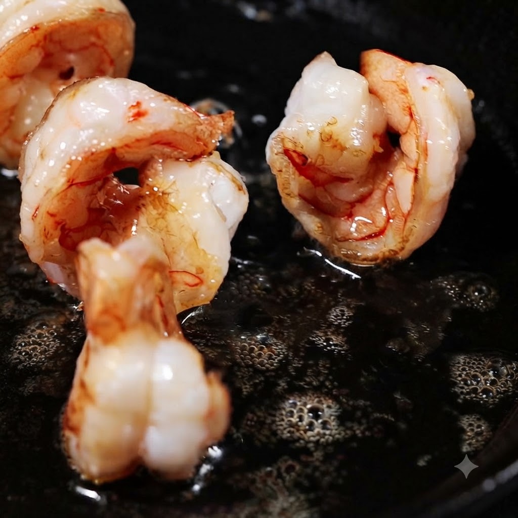 Crevettes décortiquées se recourbant et frisant dans la graisse de porc chaude à lintérieur dune poêle, devenant roses et dorées.