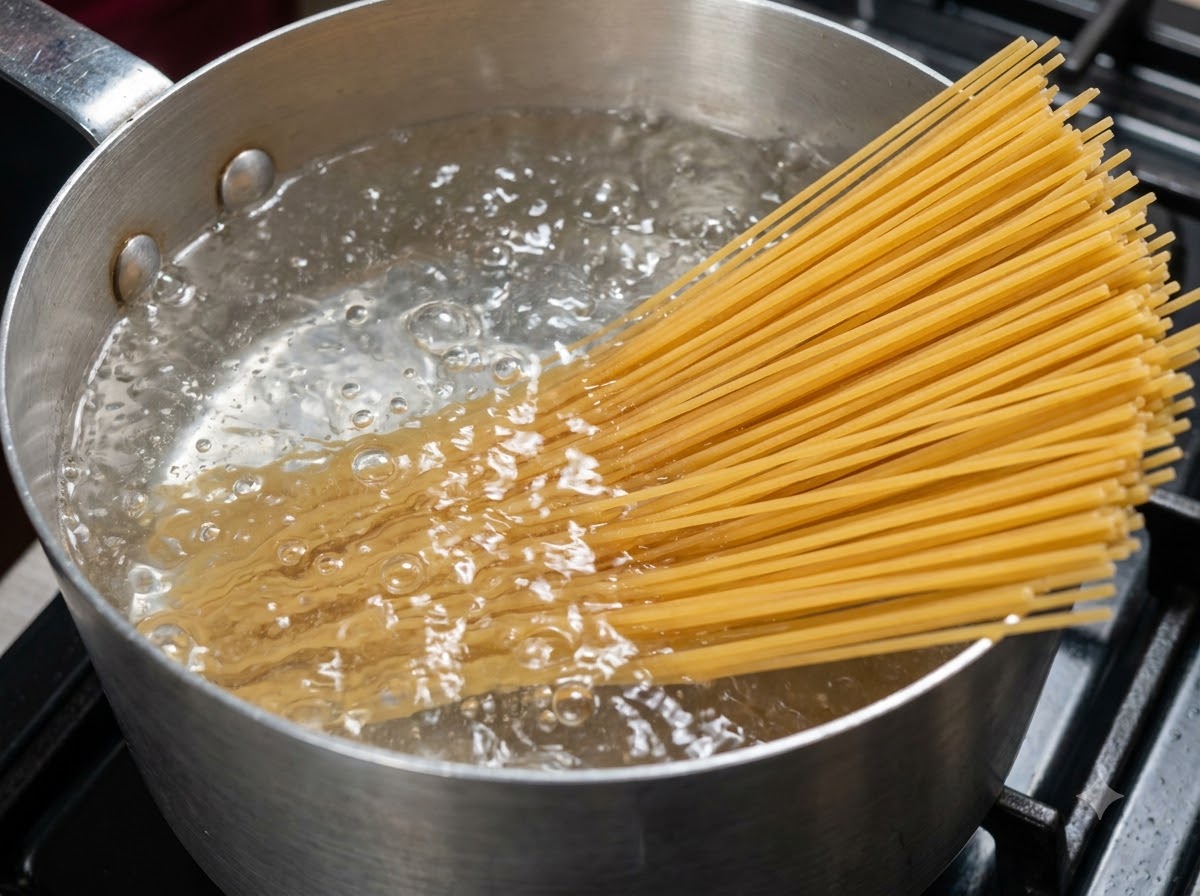 Un bouquet de spaghettis secs évasé et en train de plonger dans une casserole deau bouillante.