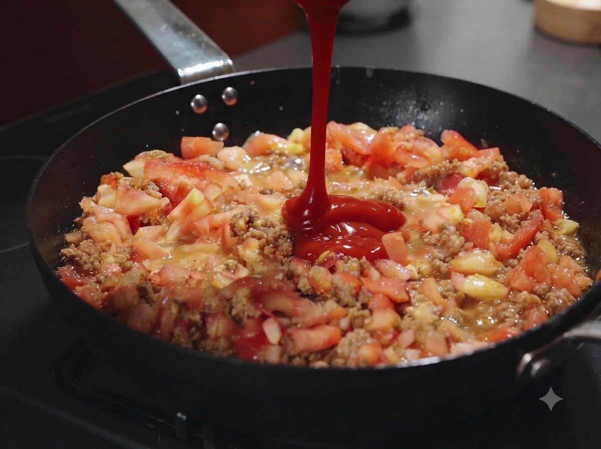 Des tomates fraîches en dés mélangées à de la viande dorée dans une poêle avec du ketchup rouge versé par-dessus.