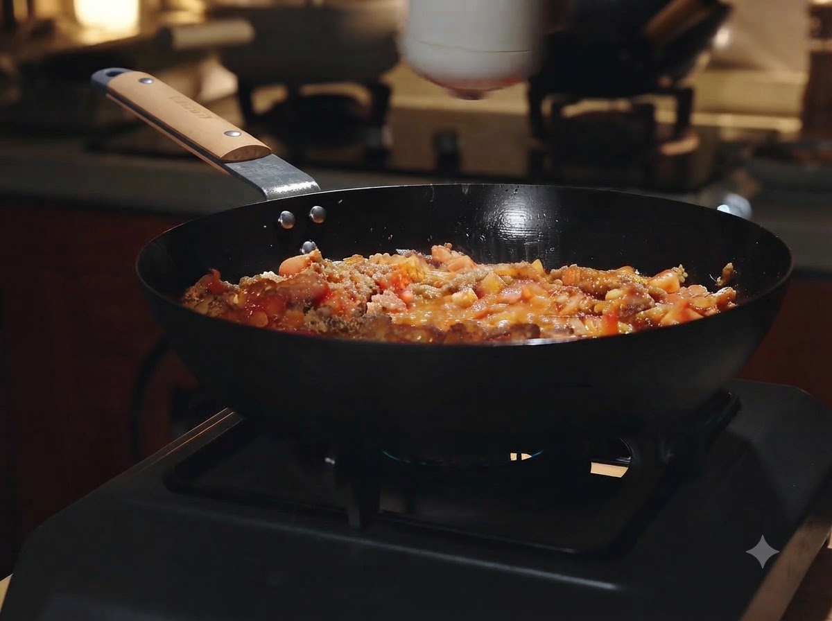 De lassaisonnement saupoudré dune saupoudreuse sur la sauce tomate et viande frémissante dans un wok.