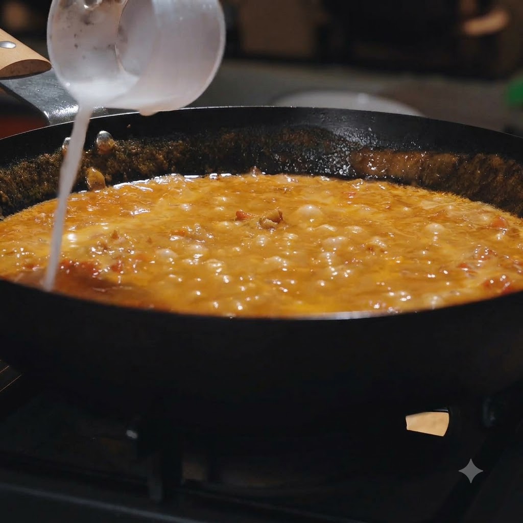 Un mélange de fécule de maïs et deau versé dans la poêle de sauce bouillonnante.