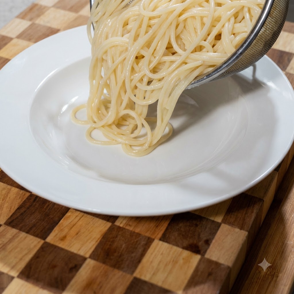 Des spaghettis égouttés versés dune passoire en métal sur une grande assiette blanche.