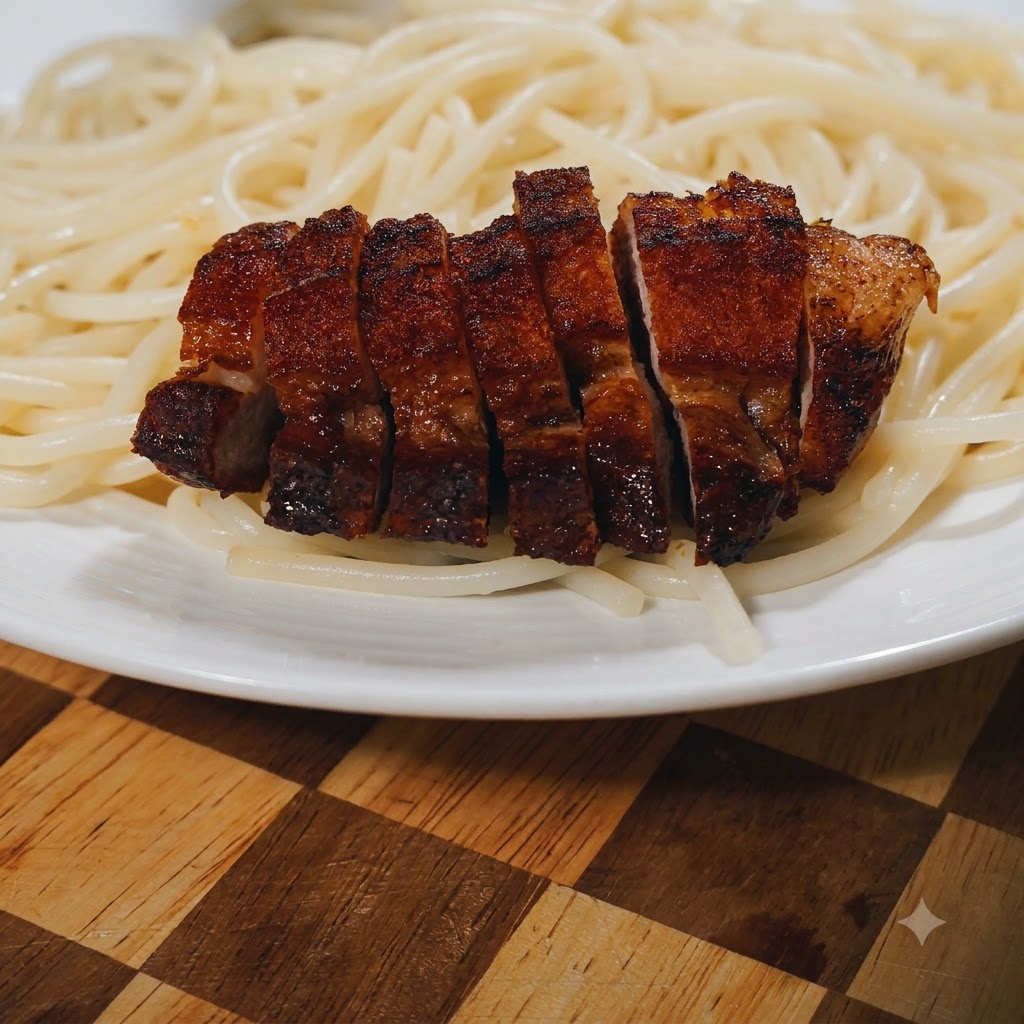 Des tranches de poitrine de porc croustillantes poêlées disposées proprement sur un lit de spaghettis.