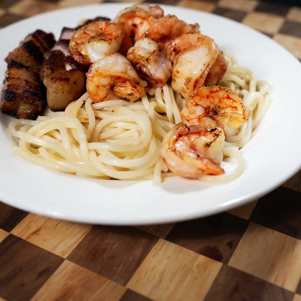 Des crevettes poêlées disposées autour de la poitrine de porc et des pâtes sur une assiette blanche.