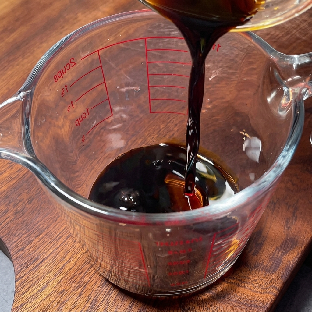 Versement de la sauce soja sombre dans un verre doseur contenant leau et les épices.