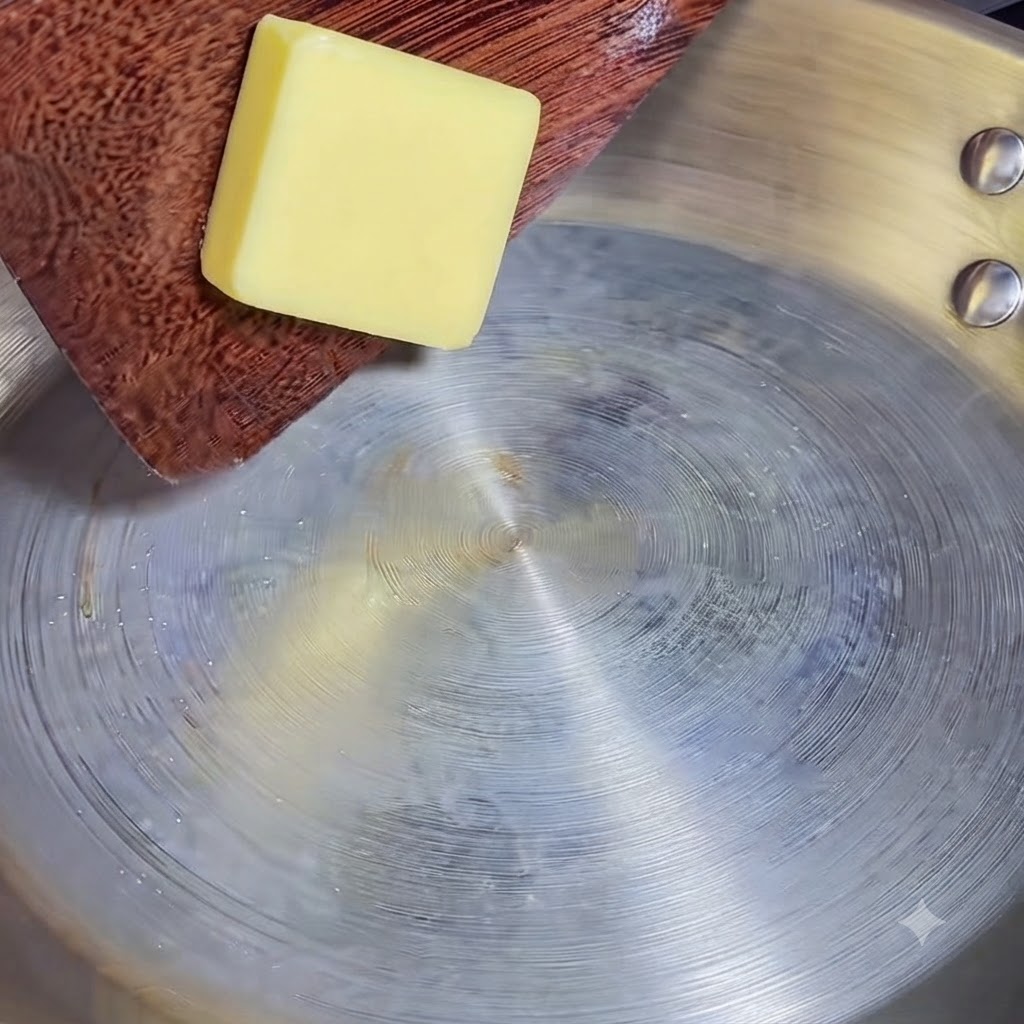 Un morceau de beurre fondant doucement dans une poêle chaude.