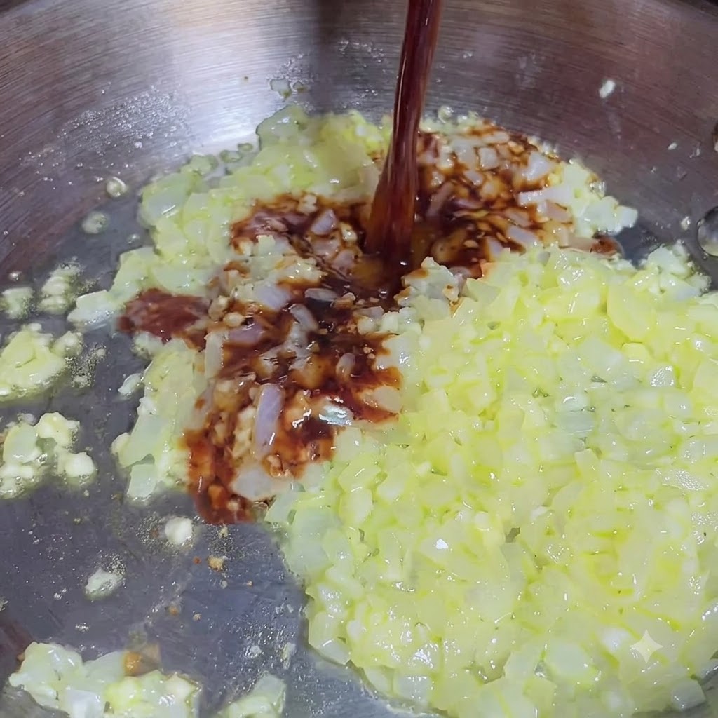 Sauce foncée versée sur lail et loignon sautés dans la poêle.
