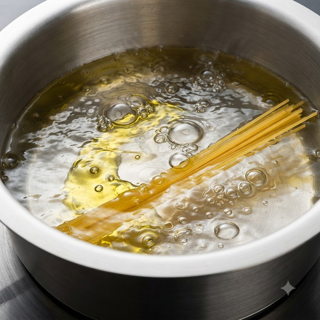 Spaghettis cuisant dans une grande casserole deau bouillante.